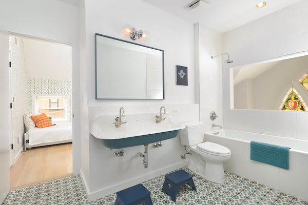 Full bath with Jack and Jill sink, blue texture and patterned tile