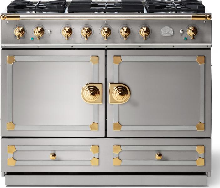 1 Lacornue cornufe 110 dual fuel range stainless steel with stainless steel polished brass trim