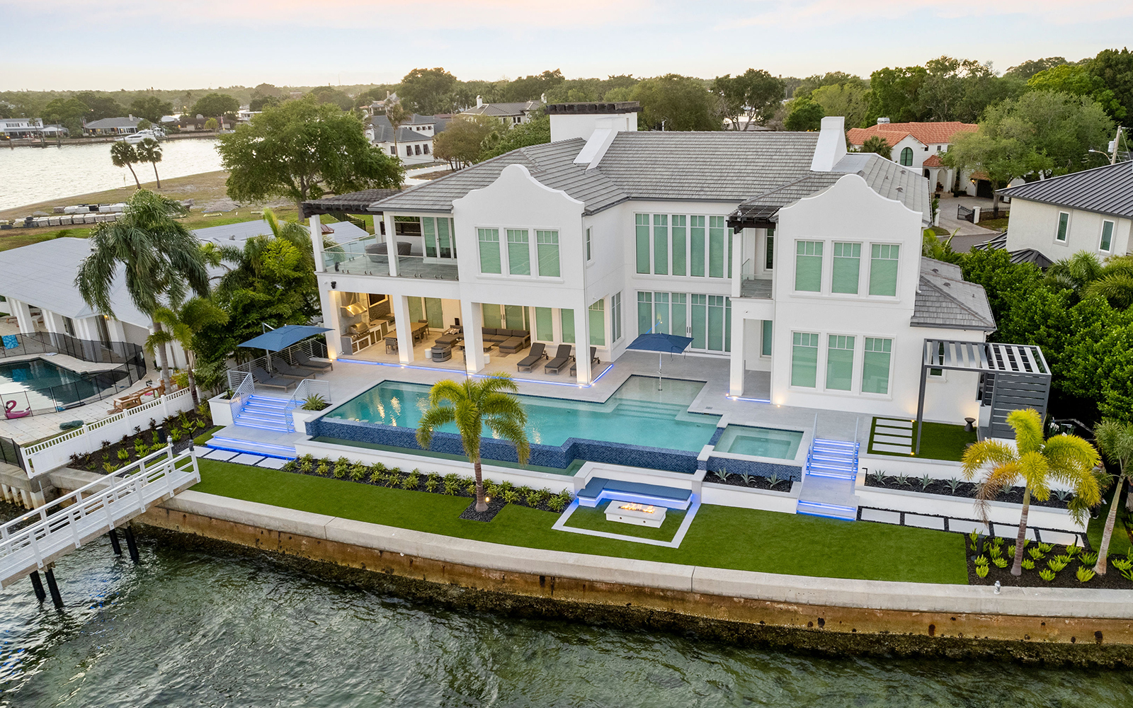 Aerial of luxury contemporary home on the water in St. Petersburg, Florida