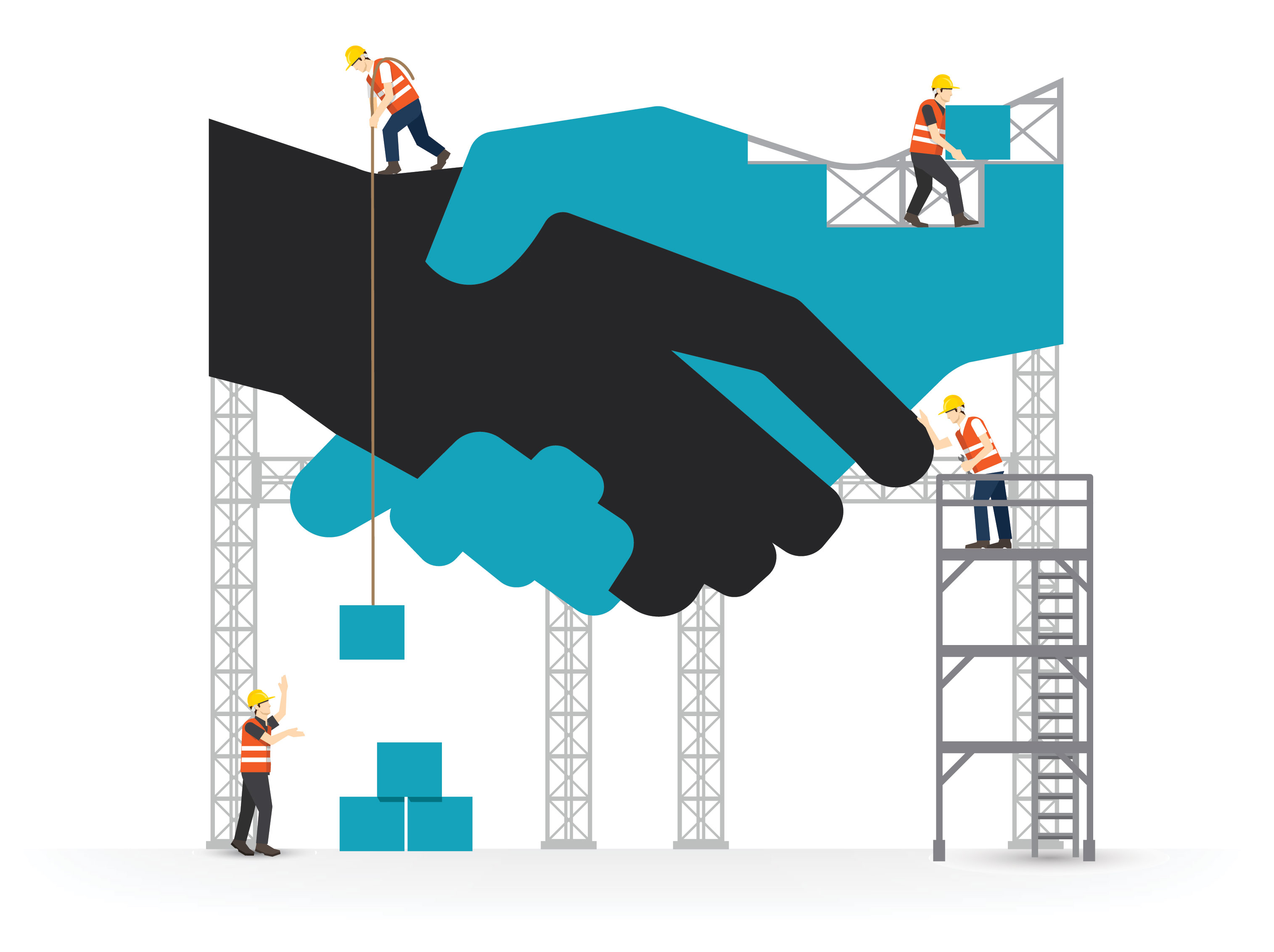 Graphic of handshake amid scaffolding on construction site