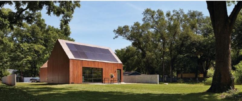 Solar panels on roof of Studio 804 house built by U of Kansas architecture students