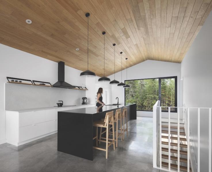 Kitchen with wood clad ceiling