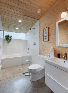Bathroom with yellow pine ceiling