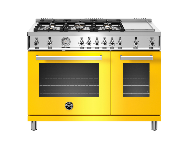 Yellow Bertazzoni stove top and oven