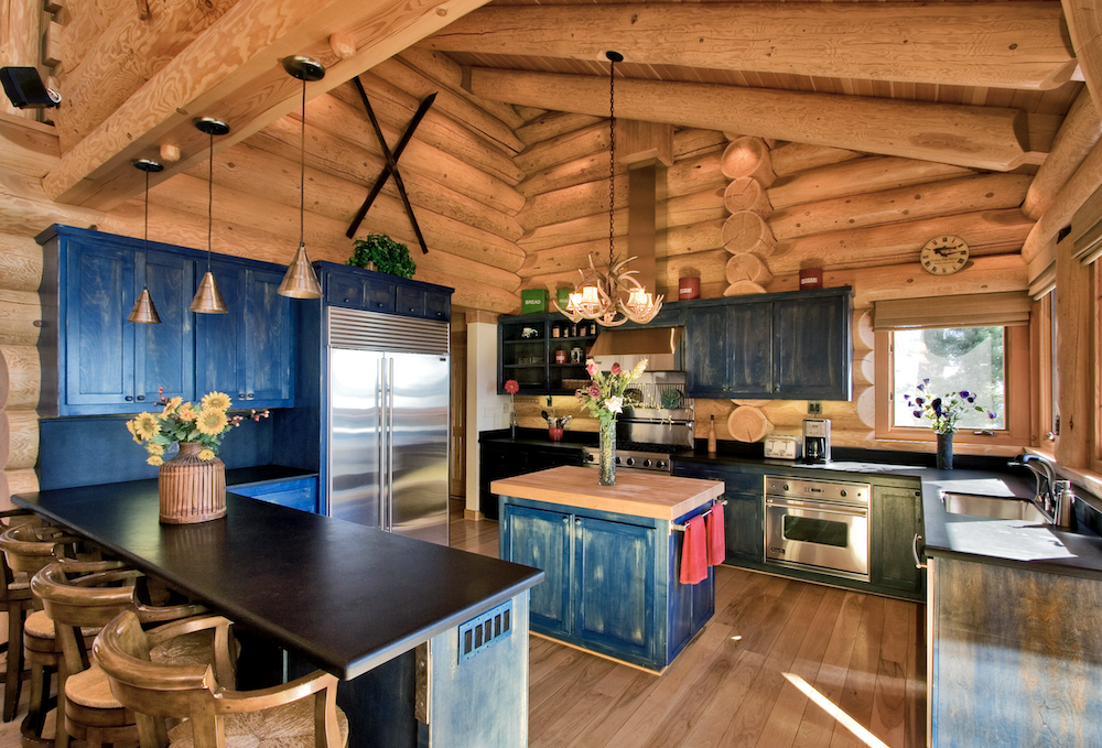 custom log cabin interior kitchen