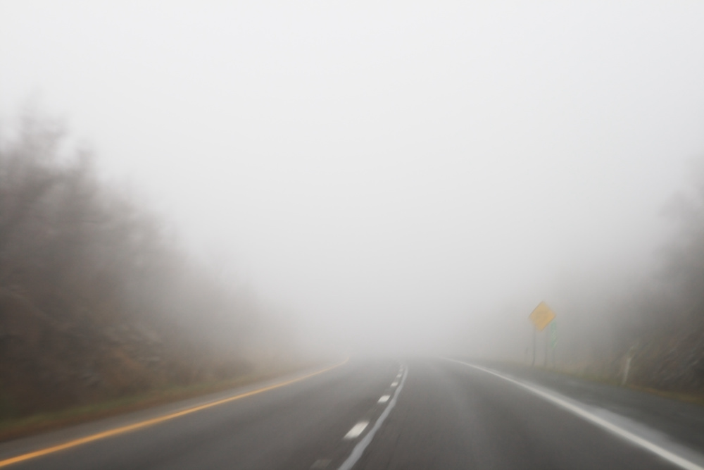 Car driving along a foggy road